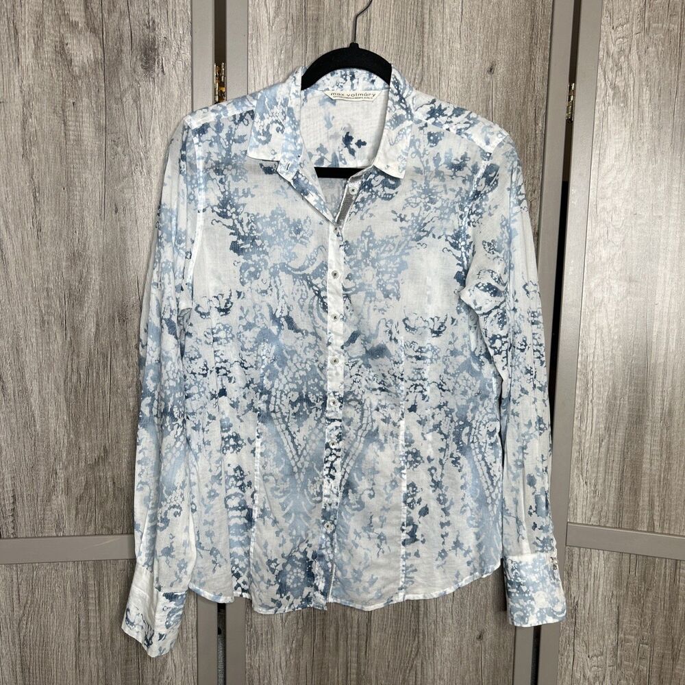 Max Volmary Button Up Shirt Lux Collared Sequined Blue and White